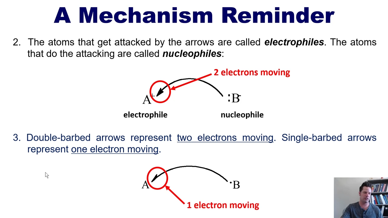 <ul><li><p>Arrows point away from electrons, NEVER EVER EVER toward electrons. </p></li><li><p>Atoms that are attacked by arrows (or electrons) are called <strong>electrophiles</strong></p></li><li><p>Atoms that are do the attacking are called <strong>nucleophiles. </strong></p></li></ul><p></p>