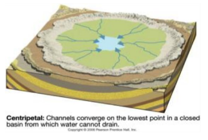 <p>All streams flow INWARD toward a central low-lying area or pan. Example: Okavango, Botswana.</p>