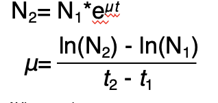 <p>Calculate the growth rate <em>µ</em> from the increase in the number of cells N during time <em>t </em>(<em>t</em><sub>2</sub><em>-t</em><sub>1</sub>), in the <strong>exponential phase</strong></p><p></p>