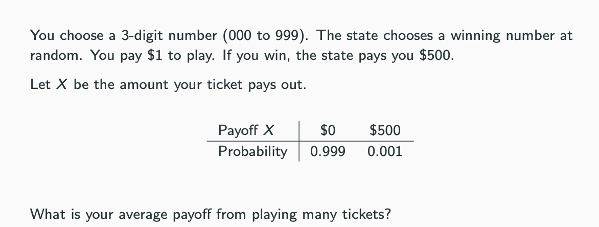 <p>What is your average payoﬀ from playing many tickets and its interpretation? (hint: <em>µ<sub>x</sub></em>)</p>