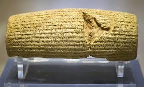 <p>Cyrus Cylinder (539 BCE) buried in foundations of walls of Babylon, baked clay tablet</p>