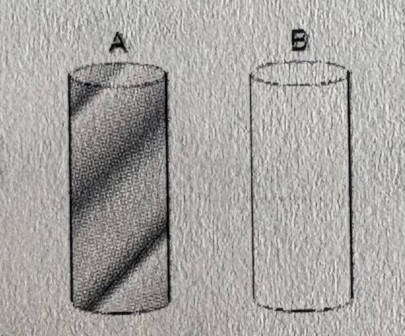 <p>Consider two shiny metal rods. One rod is painted white. They are both warmed to the same temperature and then placed in a room with cool surroundings. Heat losses due to conduction through the bottom and due to natural convection are negligible. Which rod cools the fastest?</p><p>A) A</p><p>B) B</p><p>C) They both cool down at the same rate</p>