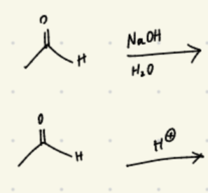 <p>what does adding NaOH or a strong acid do to an aldehyde</p>