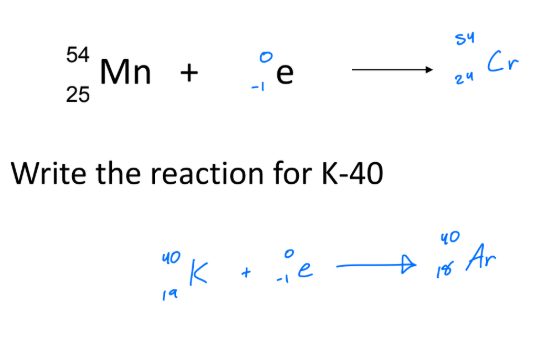<ul><li><p>in a proton-rich nucleus, an e- from the shells absorbs into a proton, causing a proton to be converted into a neutron</p></li><li><p>after this there is a better p<sup>+</sup>/n<sup>o</sup> ratio</p></li></ul><p></p>