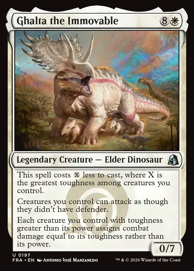<p>This spell costs {X} less to cast, where X is the greatest toughness among creatures you control.</p><p>Creatures you control can attack as though they didn’t have defender.</p><p>Each creature you control with toughness greater than its power assigns combat damage equal to its toughness rather than its power.</p>