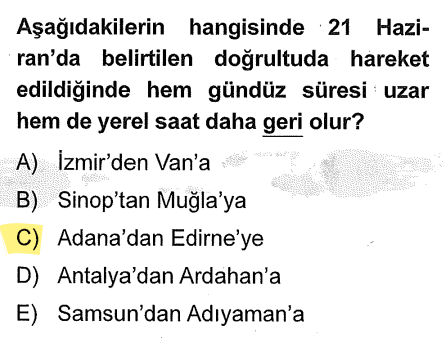 <p>21 Haziran'da kuzeye gidildikçe gündüz süresi uzar.</p><p>Batıya gidildikçe yerel saat geri kalır.</p><p><strong>Adana'dan Edirne'ye.</strong> Adana güneyde, Edirne kuzeybatıdadır. Hem kuzeye çıkmış hem de batıya gitmiş olursun.</p>