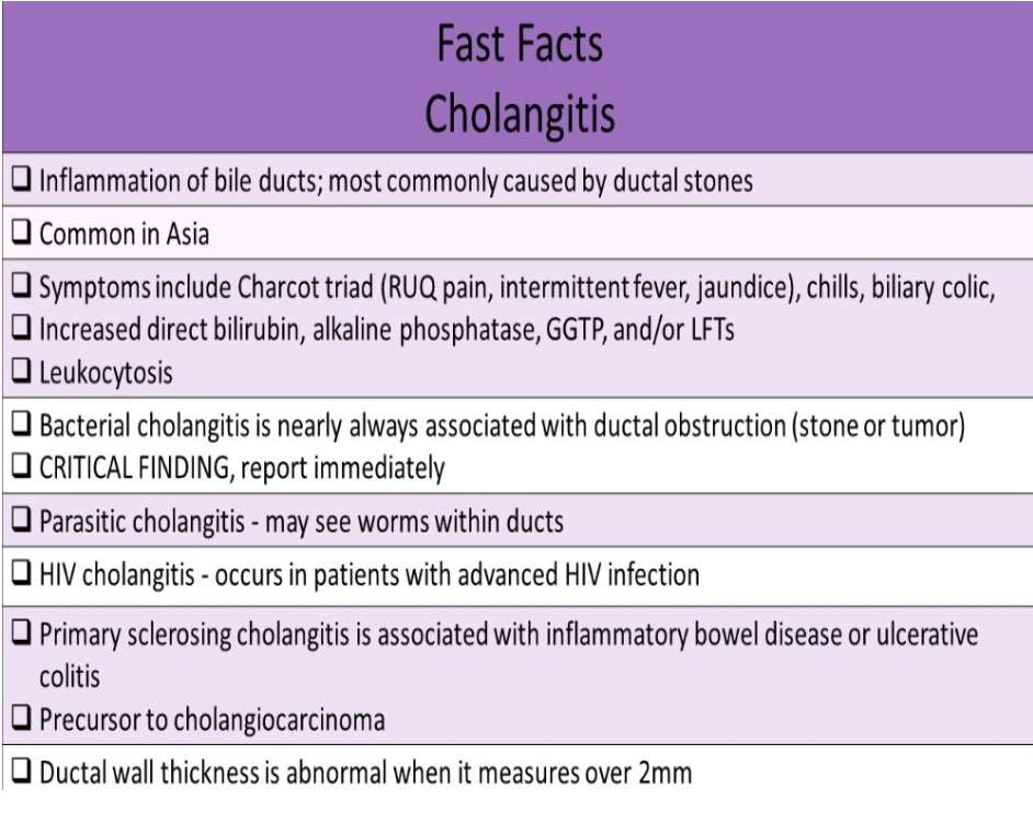<p>B. ulcerative colitis</p><p>Bacterial cholangitis is nearly always associated with ductal obstruction (stone or tumor). Bile is infected by gram negative bacteria. Parasitic cholangitis involves liver flukes or ascariasis. May see worms within ducts as echogenic tortuous strands in the lumen. HIV cholangitis occurs in patients with advanced HIV infection. Most patients with primary sclerosing cholangitis have inflammatory bowel disease or ulcerative colitis. It causes chronic inflammation and fibrosis of the biliary ducts.</p>