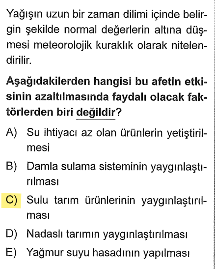 <p>Su yokken, çok su isteyen (mısır, şeker pancarı gibi) ürünler ekerseniz eldeki suyu da bitirirsiniz. Bu durumu daha da kötüleştirir.</p><p>Nadas toprağı dinlendirir ama erozyonu artırır; ancak "sulu tarım yaygınlaştırmak" kuraklık anında yapılacak en büyük hatadır.</p>