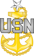 <p>Gold fouled anchor with silver USN centered across the anchor below one silver star</p>