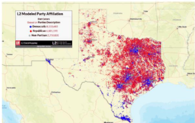 <p><strong>What is the geographic pattern of party identification in Texas?</strong></p>