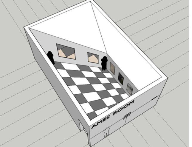 <p>Trapezoidal room where the person that is closer appears to be much larger than the person that is further</p><p>Manipulates distance to trick size constancy</p>