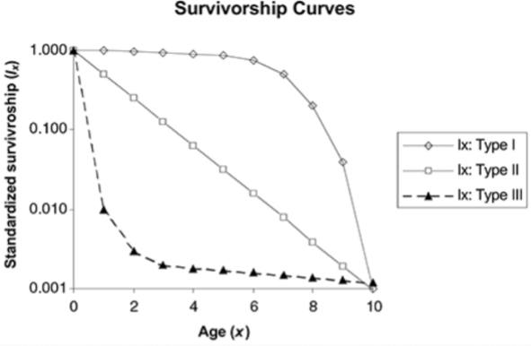<p>Based on the following graph, which type would represent:</p><p>- High death rate for older individuals</p><p>- Constant death rate throughout life</p><p>- High death rate for young individuals</p>