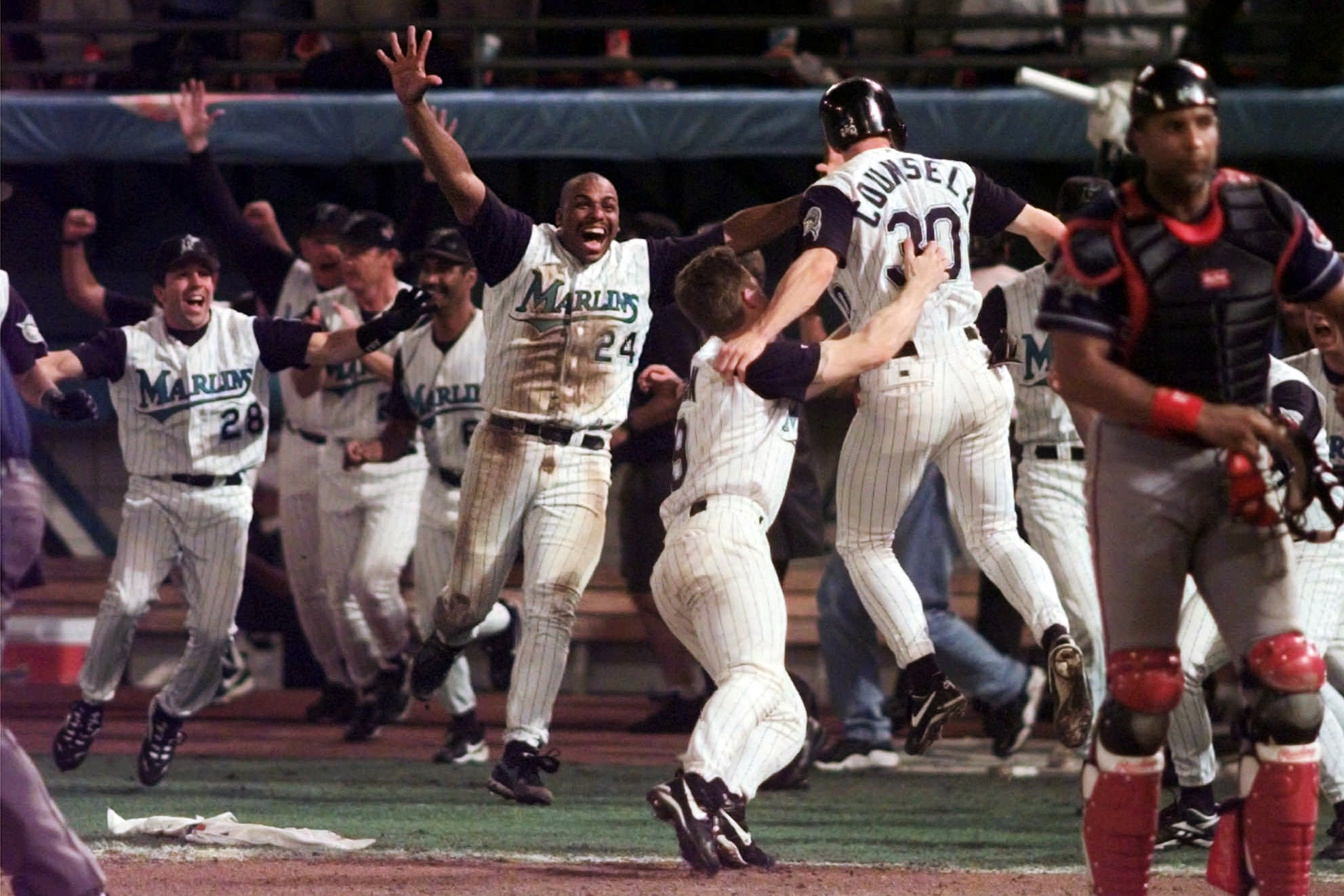 <p><strong>Florida Marlins</strong> over CLE in 7 (SP Kevin Brown, C Charles Johnson, SP Alex Fernandez) (1st franchise title)</p>