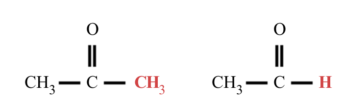 <p>If a carbon-based R&nbsp;group on a ___ is replaced with an H&nbsp;atom, the functional group changes to ___.</p>