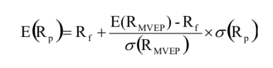<p>CAL with the maximum sharpe ratio (slope)</p><ul><li><p>any portfolio on this line is an efficient portfolio</p></li></ul><ul><li><p>obtained by combining the risk-free rate with the MVEP</p></li><li><p>slope is the sharpe ratio of the MVEP</p></li></ul><p></p>
