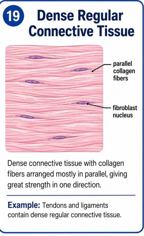 Dense connective tissue with collagen fibers arranged mostly in parallel, giving great strength in one direction. Example: Tendons and ligaments contain dense regular connective tissue.
