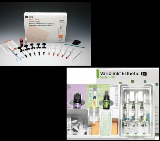<ul><li><p>relyx veneer (3M ESPE) </p></li><li><p>variolink esthetics LC (ivoclar vivadent) </p></li></ul><p></p>