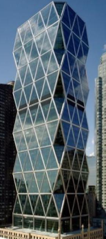 <p>diagonal grid (diagrid) similar to brace frames, provides vertical and lateral resistance</p><p>uses less steel by eliminating verticals </p><p>core shifted to back for views and natural light</p><p>two way structural grid - skylights</p><p>was in a movie </p>