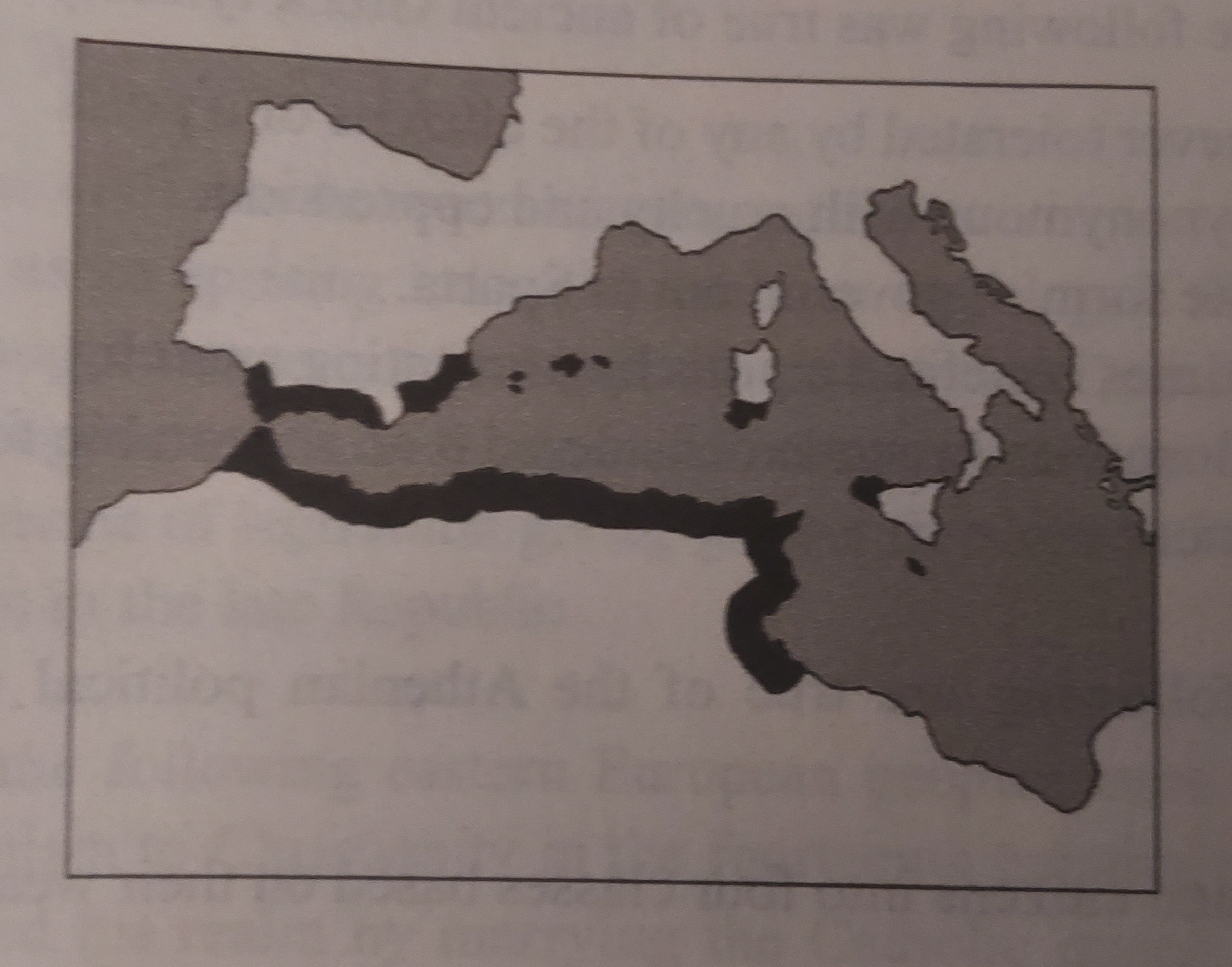 <p>In the map of the western Mediterranean below, the shaded areas indicate:</p>