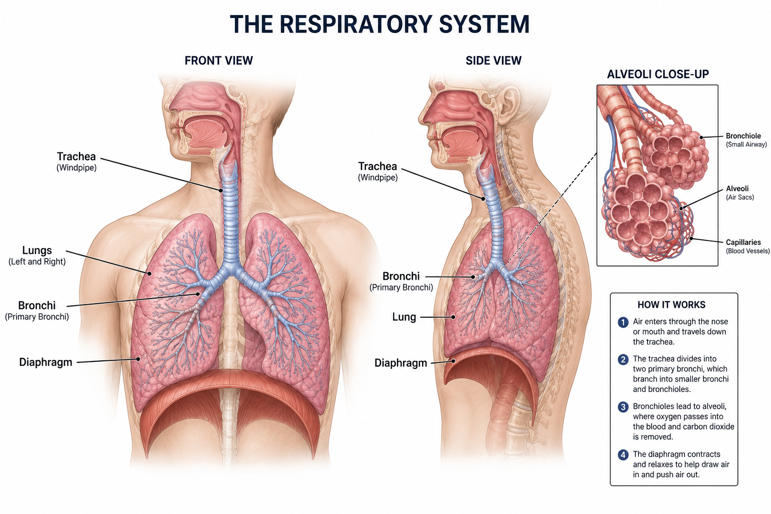 <p>Trachea → air passage to lungs</p><p>Bronchi → branches into lungs</p><p>Alveoli → tiny sacs where gas exchange occurs</p><p>Lungs → main breathing organs</p><p>Diaphragm → breathing muscle</p>