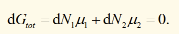 <p>for a system in equilibrium, gibbs free energy is constant, and also equal to ΣN<sub>i</sub>μ<sub>i</sub>. If the number of particles in phase 1 increases, then the number of particles in phase 2 decreases by the same amount. This require μ<sub>1</sub> = μ<sub>2 </sub>(along a line of coexistence). The phase with the lowest chemical potential is the stable phase.</p>