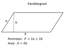 <p>P = 2<strong>a</strong> + 2<strong>b</strong></p><p>A = <strong>bh</strong></p>