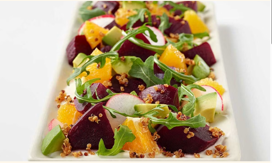 <p>skinny* Glazed Beets, Avocado, Fresh Orange, Arugula and Honey-Yogurt Sauce</p>