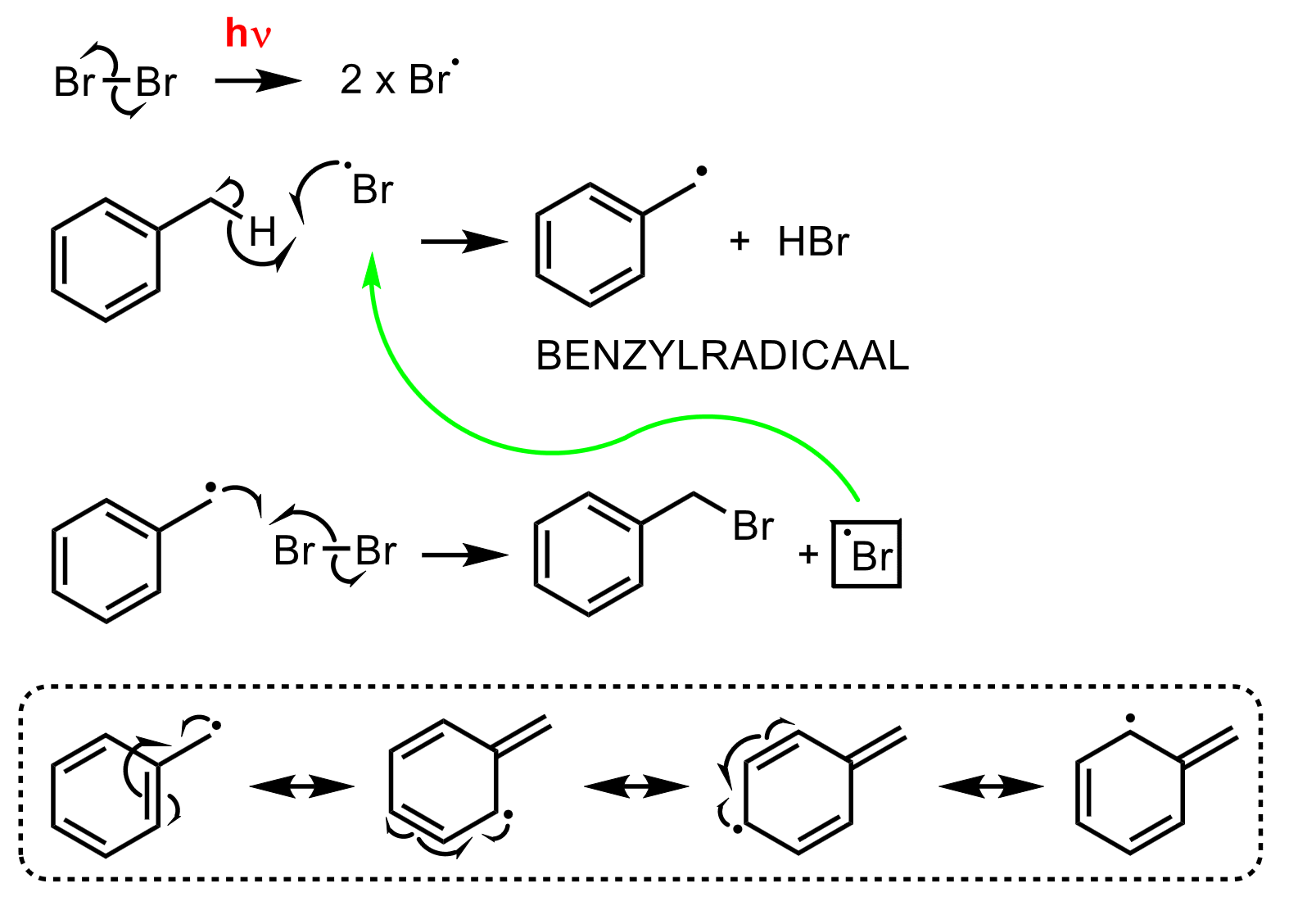 <p>p33.5</p><ul><li><p>vishaakpijltjes!!</p></li><li><p>benzylradicaal: heel stabiel radicaal doordat delocalisatie van elektronen mogelijk is → zie onderste kader</p></li><li><p>initiatie, propagatie, terminatie</p></li></ul><p></p>