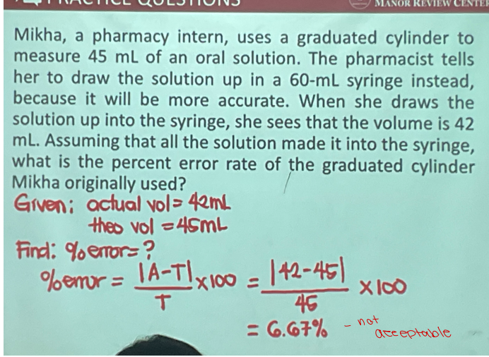 <p>b. 6.67% (not acceptable)</p><p><span data-name="pushpin" data-type="emoji">📌</span>Acceptable error =  ± 5% or less</p>