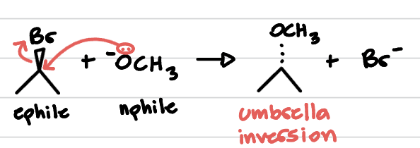 <p>UMBRELLA INVERSION!</p><p>basically, nphile comes and knocks LG off and replaces him but in the opposite direction.</p><p>concerted, so no CBCT intermediate </p><p>important: a bulky nphile (if u must) w/ smaller ephile (u MUST!!)</p><p>good LG’s are weak bases! and tosylate. </p><p>solvents: we love polar aprotic! (DMF, DMSO, HMPH, acetonitrite!) no OH or NH groups.</p><p>do NOT bring polar protic solvents around here.</p>