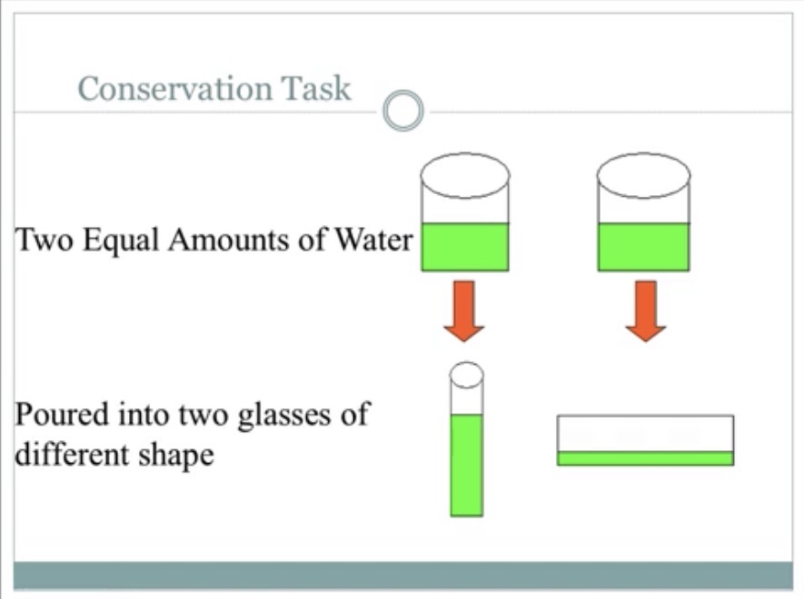 <ul><li><p>Focusing on one property only </p><ul><li><p>One reason why kids in the preoperational stage have trouble with conservation tasks</p></li><li><p>e.g.) Showing a kid a glass tube, the kid will either focus on the fact that the glass is tall, or that it’s thin, they don’t understand the tube can have both properties </p></li></ul></li></ul><p></p>
