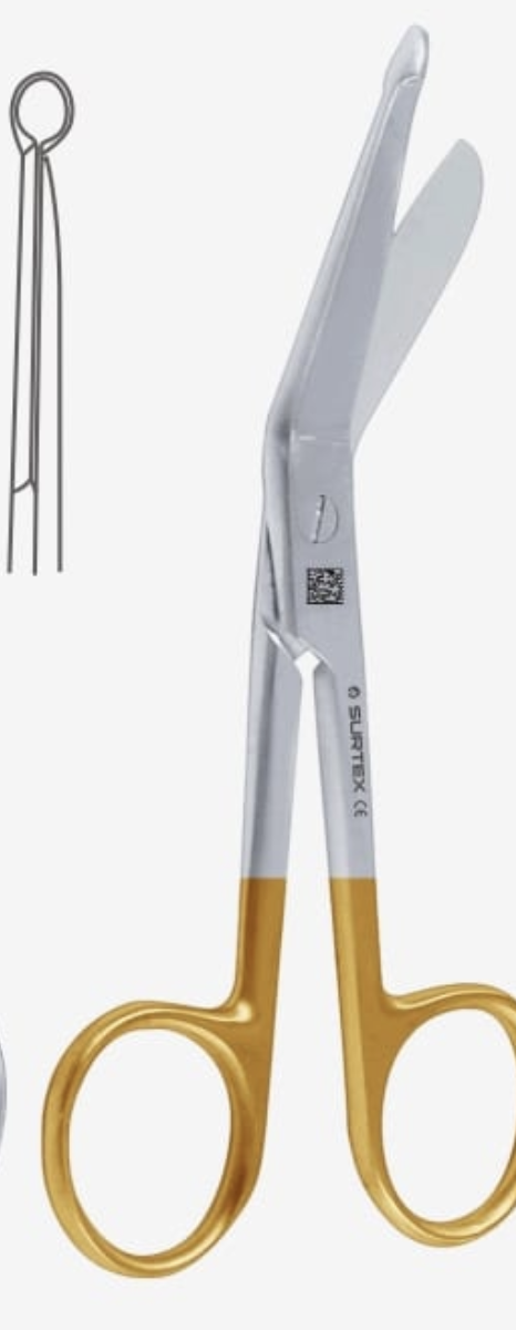 <p>Bottom blade has a blunt end ensuring easy access between the skin or wound and the bandage. Used to cut bandage or dressing material.</p>