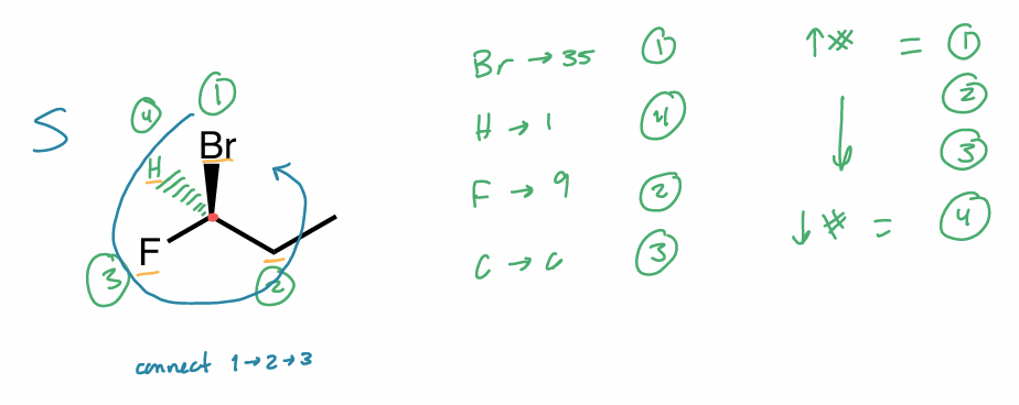 <ul><li><p>assign Cahn-Ingold-Prelog priorities of all atoms <strong>directly </strong>bonded to chiral center according to <strong>atom #</strong></p><ul><li><p>1 high → 4 low</p></li></ul></li><li><p>lowest priority substituent (H) in <strong>back</strong> &amp; connect 1 → 2 → 3</p><ul><li><p>if in <u>front</u>, do it normal but <u>switch</u> R &amp; S</p></li><li><p>if in <u>plane</u>, consider 3D orientation </p></li></ul></li><li><p>label chiral center R or S</p><ul><li><p>R = clockwise</p></li><li><p>S - counterclockwise</p></li></ul></li></ul><p></p>
