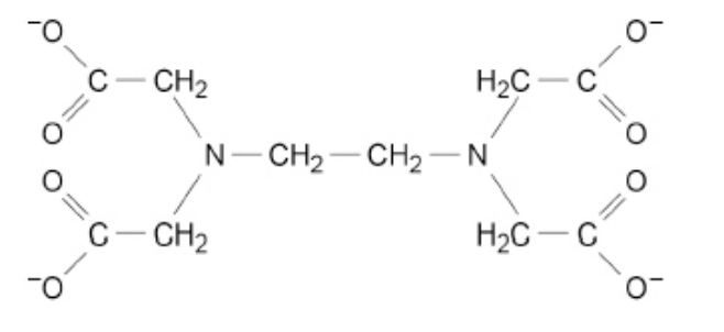 <p>the figure shows the structure of the EDTA<sup>4-</sup> ion. atoms of 2 diff elements in EDTA<sup>4-</sup> can form coordinate bonds w/ an aluminium ion - on the figure above, draw circles around the atoms of 2 diff elements that would llink to an aluminium ion by a coordinate bond (2)</p>