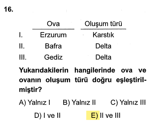 <p>I. Erzurum -> Karstik (Yanlış, Erzurum <strong>Tektonik</strong>tir).</p><p>II. Bafra -> Delta (Doğru).</p><p>III. Gediz -> Delta (Doğru - Gediz nehrinin ağzındaki Menemen bir deltadır, Gediz ovası da delta özelliği gösterir).</p>