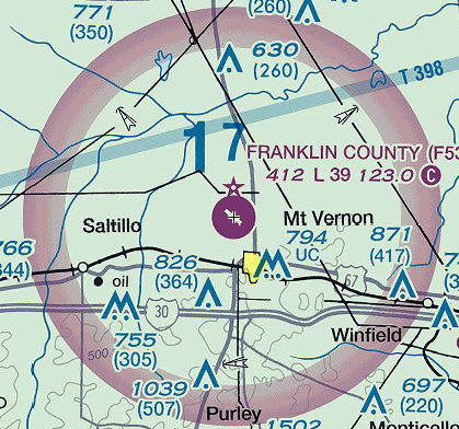 <p><span>Where does the Class E airspace begin surrounding the immediate vicinity of Franklin County (F53)?</span></p>