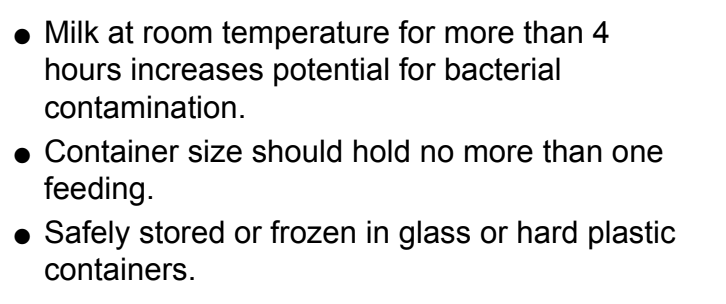 <p>how often should one breastfeed if using formula: q3 - 4hr</p><p>room temp milk should not be left un-refrigerated for more than 3hrs</p><p>can be left in fridge for 24hr &amp; freezer up to 3 months</p>
