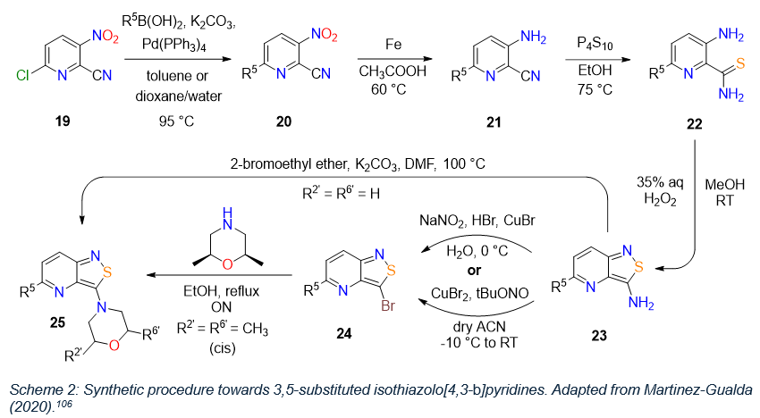 <p>cis should have been more specific because two enantiomers that are cis, it should have beent he one with boht methyls pointing up</p><p>Synthesis starts from 3-nitro-6chloropridin-2-carbonitirle, now 6 substituent is introduced first via suzuki coupling, then the same steps of nitro reduction, nitrile to thioamide conversion, and oxidative ringclosure using H2O2 were applied yielding <span style="font-family: Arial, sans-serif; line-height: 115%;">5-aryl-3-amino isothiazolo[4,3-<em>b</em>]pyridines.</span></p><p></p><p><span style="font-family: Arial, sans-serif; line-height: 115%;">The NH2 can the either be converted to bromide via sandmeyer reaction followed by suzuki, this gives the cis-2,6-dimethylmorpholine substituent.</span></p><p><span style="font-family: Arial, sans-serif; line-height: 115%;">Or it can be converted directly to the unsubstituted morpholine substituent using 2-bromoethylether, avoiding difficulties of the sandmeyer reaction.</span></p><p></p><p><span style="font-family: Arial, sans-serif; line-height: 115%;">problems:</span></p><p><span style="font-family: Arial, sans-serif; line-height: 115%;">For 5-phenyl moieties with one or two é donating substituents had low yields for the sandmeyer reaction, due to multiple brominatiens ath different positions of the 5-phenyl ring. to minimize these reactions milder reactions </span>tBuONO, CuBr2 and dry acetonitrile) were used.</p><p></p><p>to circomvent the sandmeyr reaction completely a 3-N-morpholinyl moiety was directly synthesized from the corresponding 3-amino congeners. Reaction of compounds 12f, 12 g and 12i with 2-bromoethyl ether and potassium carbonate as a base generated the desired compounds 15f, 15 g and 15i in decent yields (71–77%).</p><p></p><p>Why first suzuki?</p><p>They actually first tried to make a common 3-bromo-5-chloro isothiazolopyridine intermediate, which would allow late stage diversification. But during nitro reduction the 6-chloro-2-cyano-3-nitropyridine, the cyano group was hydrolysed to the picolinic acid. as this nitrile is needed to form the thioamide, this route field;</p><p></p><p>therefore the aryl group at position 5 was introduced first via suzuki, which is less electron-withdrawing than the chlorine, reducess the acivation of the nitrile towards hydrolysis. through this approach the nitirle did survive the nitro reduction step.</p>