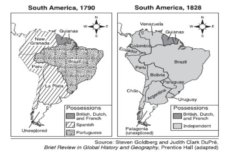 <p>Question features 2 maps.</p><p>Which European country controlled the most colonies in 1790?</p><p>a. Britain</p><p>b. France</p><p>c. Portugal</p><p>d. Spain</p>