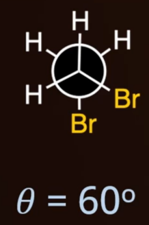 <ul><li><p>dihedral angle = 60°</p></li><li><p>steric strain</p></li></ul><p></p>