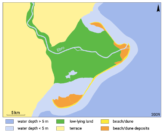 <p class="has-focus">Caused by a<u> single tributar</u>y emptying onto a flat coastline and hitting the ocean tides head-on </p><p class="has-focus">→ the sediment deposits get pushed back by the ocean waves behind the mouth → forms 2 cusps</p><p class="has-focus">(It looks like a tooth)</p><p class="has-focus">Very rare</p><p class="has-focus">Example: <strong>Tiber from Italy</strong></p>
