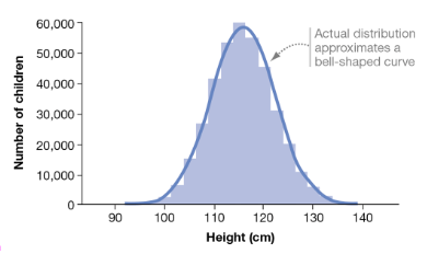 <ul><li><p class="Paragraph SCXW33475580 BCX8" style="text-align: left;"><span style="line-height: 20.925px;">Development of human height is influenced by at least 10k known genetic alleles&nbsp;</span></p></li></ul><ul><li><p class="Paragraph SCXW33475580 BCX8" style="text-align: left;"><span style="line-height: 20.925px;">Polygenic traits typically develop according to a normal distribution &nbsp;</span></p></li></ul><ul><li><p class="Paragraph SCXW33475580 BCX8" style="text-align: left;"><span style="line-height: 20.925px;"><strong>Normal Distribution (Bell Curve)</strong> – the average is most commonly found in individuals&nbsp;</span></p></li></ul><ul><li><p class="Paragraph SCXW33475580 BCX8" style="text-align: left;"><span style="line-height: 20.925px;">As you move up or down in either direction that traits become progressively more rare</span></p></li></ul><p></p>