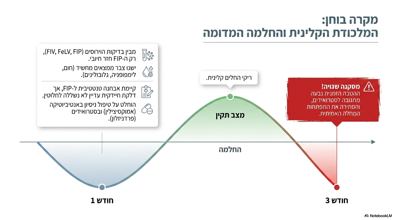 <ul><li><p>המקרה של החתול ריקי</p></li><li><p><strong>הגעה ראשונה</strong>: חתול זכר מעורב ומסורס בן 9 חודשים מבית רב-חתולים (מחוסן פעמיים בחיסון מרובע) עקב חולשה וירידת תיאבון. בבדיקה נמצא חום של 40 מעלות צלזיוס, צואה רכה וקשרי לימפה מוגדלים מעט.</p></li><li><p><strong>בדיקות מעבדה ראשוניות</strong>: אנמיה קלה, נויטרופיליה קלה ללא צורות צעירות, לימפופניה קלה, ועלייה בגלובולינים בסרום. בדיקות סרולוגיות שללו פאנלאוקופניה, FIV ו-FeLV, ונמצא חיובי רק ל<strong>אף.איי.פי.</strong>.</p></li><li><p><strong>טיפול ראשוני והחלמה</strong>: עלה חשד ל<strong>אף.איי.פי.</strong> בצורה היבשה (טופל באמוקסיצילין ובפרדניזולון והחלים זמנית).</p></li><li><p><strong>התדרדרות שנייה (כעבור 3 חודשים)</strong>: הגיע שוב עם חום, חוסר תיאבון, נשימה שטחית ובטן נפוחה מעט, כאשר בדיקות הדם הראו שוב אנמיה, לימפופניה והיפרגלובולינמיה</p></li></ul><p>מה האבחון הסופי והודאי?</p>