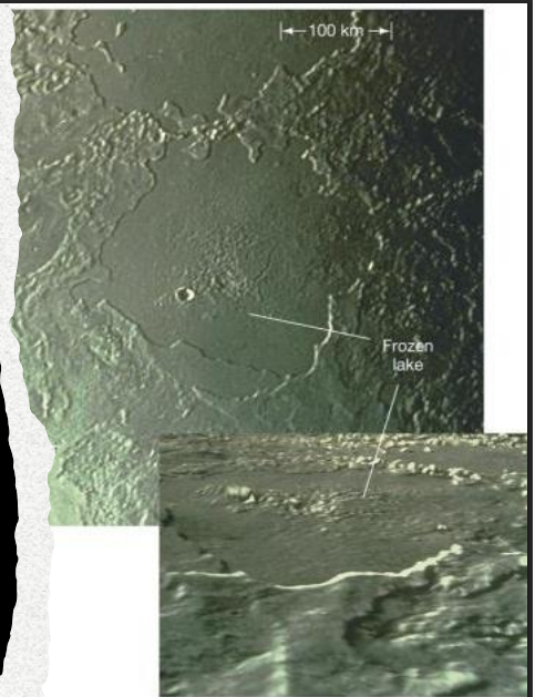 <ul><li><p>active ice volcanoes</p></li><li><p>erupt methane ice</p></li><li><p>plumes rises 8km from internal heat of nitrogen ice beneath surface </p></li></ul><p></p>