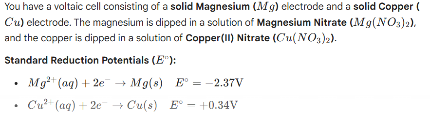 <ol><li><p>ID the Anode and Cathode for the voltaic cell</p></li><li><p>Balance out the electrons for both, multiply if necessary to get them to cancel out</p></li><li><p>Write out the net ionic equation where the charges are equal (i.e +2 = +2)</p></li><li><p>Write the overall equation where you plug back in the placeholders on the values that have charges to get them to cancel out</p></li></ol><p>i.e<br><br>from the start<br>Mg —> Mg+2 + 2e-<br>Cu+2+ 2e- —> Cu(s)<br><br>Net ionic equation</p><p>Mg + Cu+2 —> Mg+2 + Cu(s)<br><br>we have a +2 on Cu, and a +2 on Mg</p><p>and we want overall charge on both sides to be 0</p><p>So we add back in the placeholder value of NO3- onto both, but NO3- is only -1, so we need 2. so it becomes</p><p></p><p>Mg(s) + Cu(NO3)<sub>2</sub> —> Mg(NO3)<sub>2</sub> + Cu(s)</p><p></p>