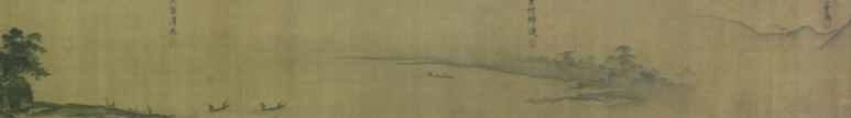 <p>Only four scenes remain of the original 12 scenes that depict views of the Xiao and Xiang river, with accompanying poetic lines. Here, we have the first three scenes, though they do not seem complete, as you see the first scene does not lead to the second smoothly. 1-Distant mountain and wild geese, 2-Mist over the village, the ferry returns, 3-Fishermen play their flutes in the quiet dusk, 4-Anchoring at evening on the misty bank.This shows the Southern Song one-corner system, where image is located on one section of the pictorial space, with a large proportion remaining empty, either evoking mist or clouds.</p>