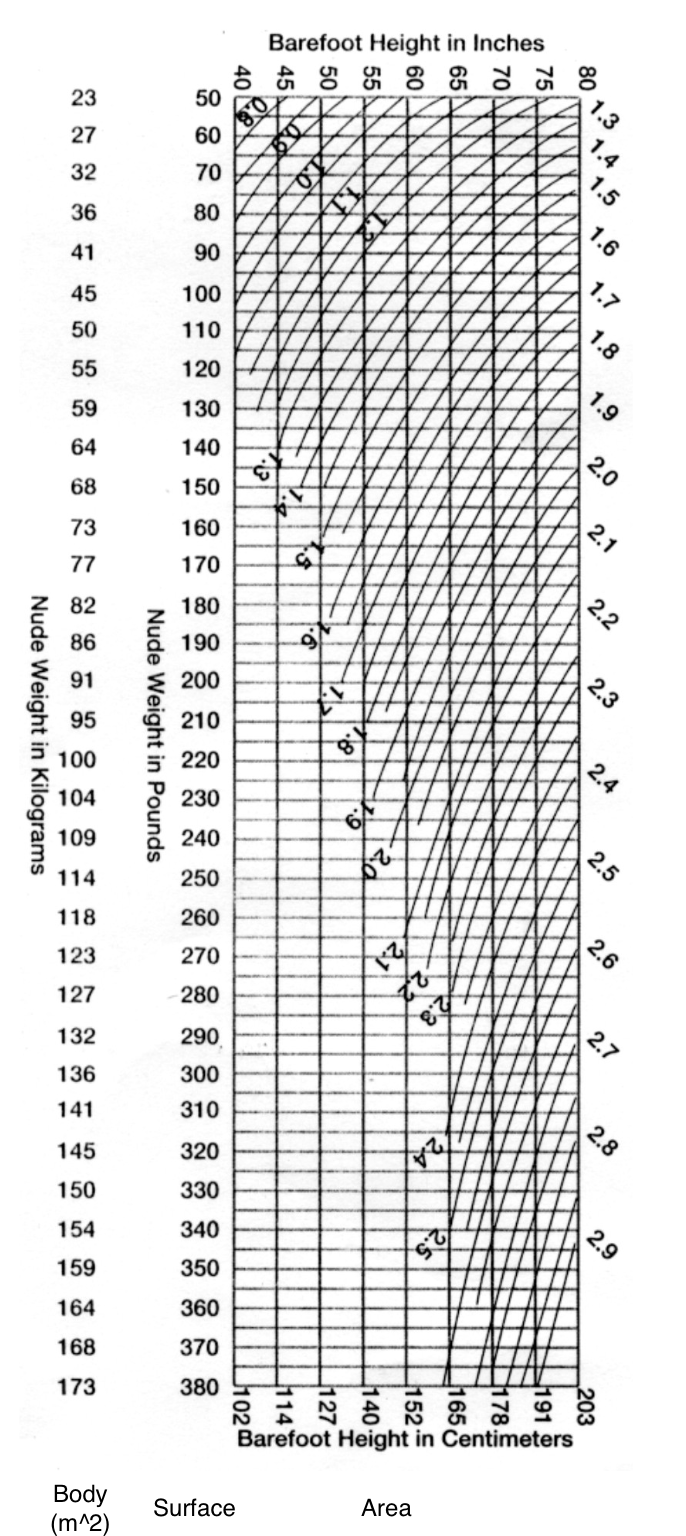 <ul><li><p>these are usually compared in relation to one’s body surface area (BSA), expressed in meters squared (m<sup>2</sup>). </p></li><li><p>avg VC for a woman is ~2 L/m<sup>2</sup> and for men it’s ~2.5 L/m<sup>2</sup></p></li><li><p>BSA accounts for both height and weight and is a more reliable measure.</p></li></ul><p></p>