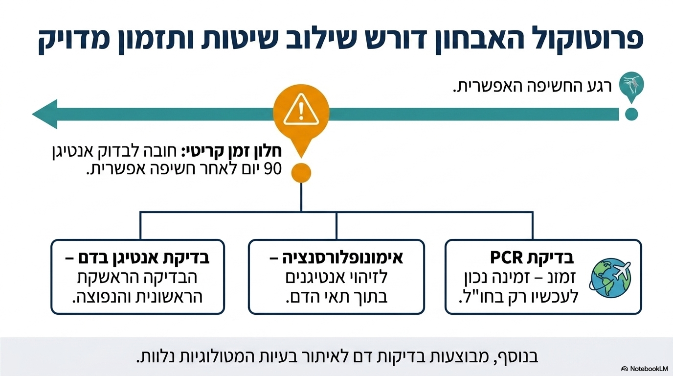 <ol><li><p><strong>בדיקת אנטיגן בדם:</strong> כלי האבחון המרכזי והזמין.</p></li><li><p><strong>אימונופלואורסנציה:</strong> לאיתור אנטיגנים של הנגיף ישירות בתוך תאי הדם.</p></li><li><p><strong>בדיקת פי.סי.אר:</strong> זמינה ומבוצעת בחו"ל בלבד.</p></li><li><p><strong>בדיקת חובה לתורמי דם:</strong> חובה מוחלטת לבדוק את כל תורמי הדם הווטרינריים לנוכחות אף.אי.אל.וי כדי למנוע הדבקה יאטרוגנית.</p></li></ol><p></p>