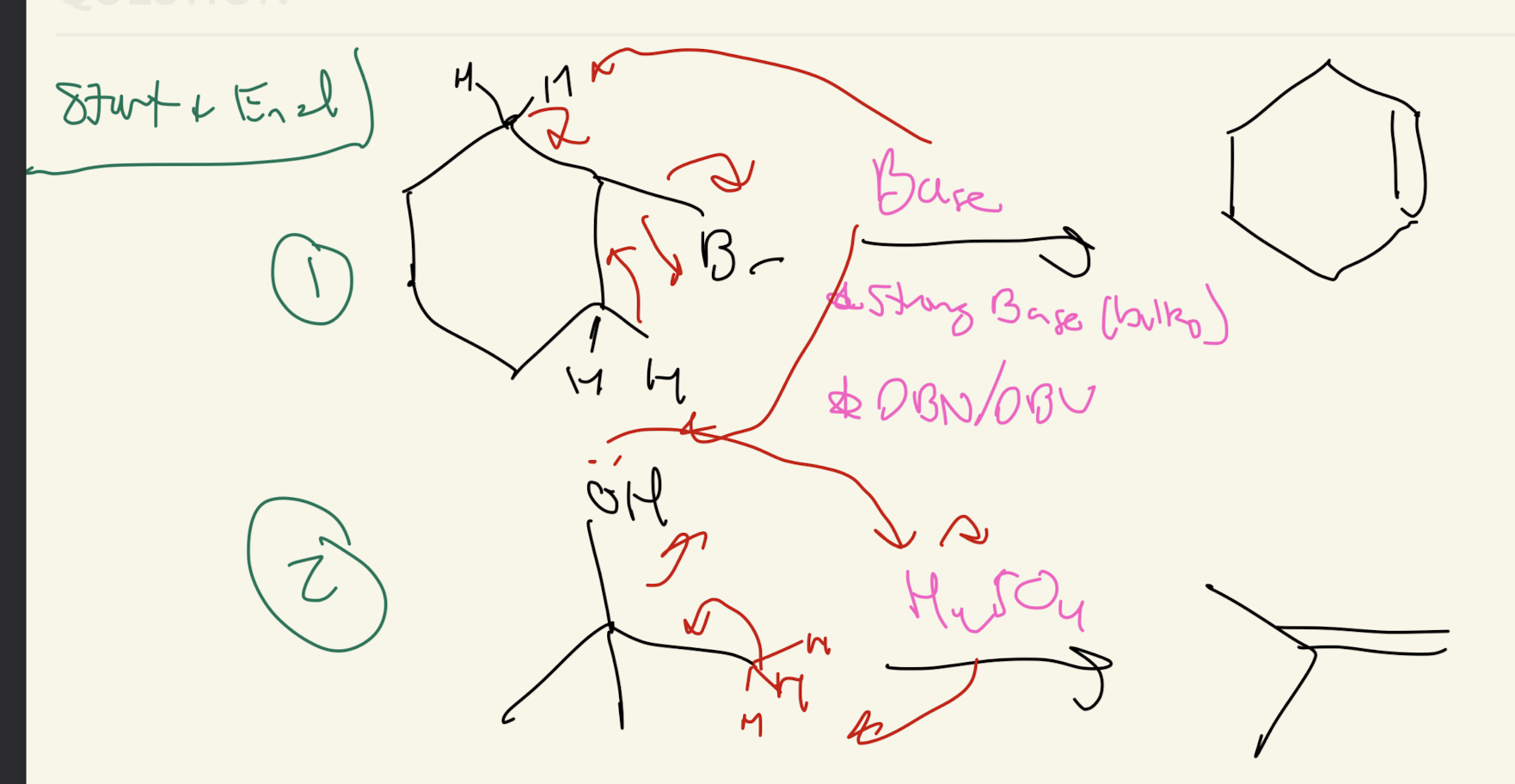 <p>Dehydrohalogenation: E2 Reaction</p><p></p><p>Dehydration: E1 Reaction</p>