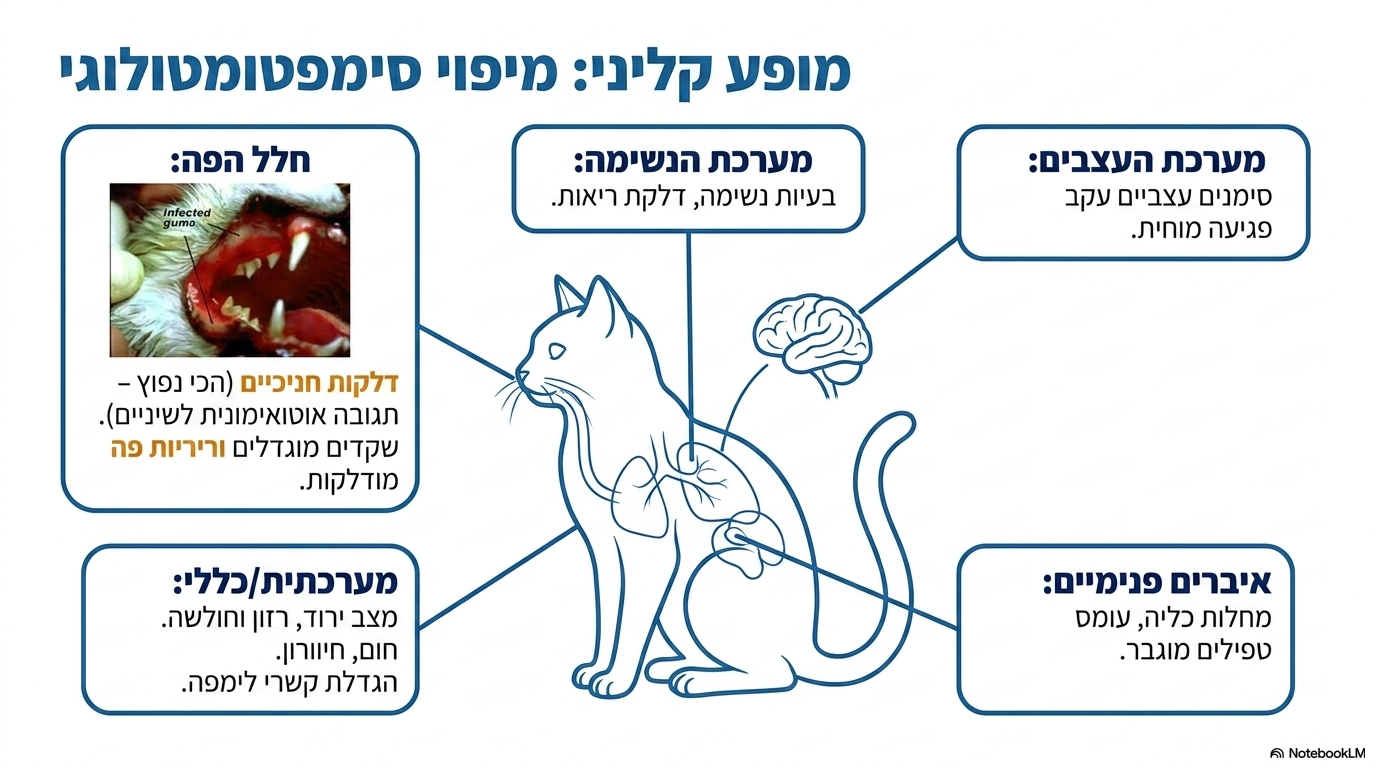 <ul><li><p><strong>דלקות חניכיים:</strong> זהו <strong>הסימן הנפוץ ביותר</strong> – נובע מתגובה אוטו-אימונית של הגוף לשיניים.</p></li><li><p><strong>מצב גופני כללי:</strong> מצב ירוד המתבטא ברזון קיצוני, חולשה, חום וחיוורון.</p></li><li><p><strong>פגיעה במערכות הגוף:</strong> בעיות נשימה (התפתחות דלקת ריאות), מחלות כליה, סימנים עצביים עקב פגיעה מוחית ישירה, וקשרי לימפה מוגדלים (תיתכן התפתחות של גידול מסוג לימפומה).</p></li><li><p><strong>נוכחות טפילים:</strong> במעיים, בדם ובריאות.</p></li><li><p><em>חשוב לזכור:</em> החתולים <strong>אינם מתים ישירות מנגיף האיידס, אלא מהסיבוכים המשניים</strong> והנלווים אליו.</p></li></ul><p></p>